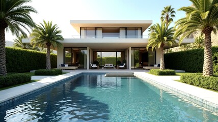 Mediterranean-style villa with private pool, lush greenery, tropical palm trees, sunny terrace, luxurious backyard retreat, elegant architecture, serene outdoor living, real estate luxury