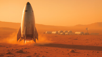 A rocket ascends from the red Martian soil, leaving a trail of dust behind as it heads toward a futuristic habitat. The scene is set against a breathtaking orange sky at sunset