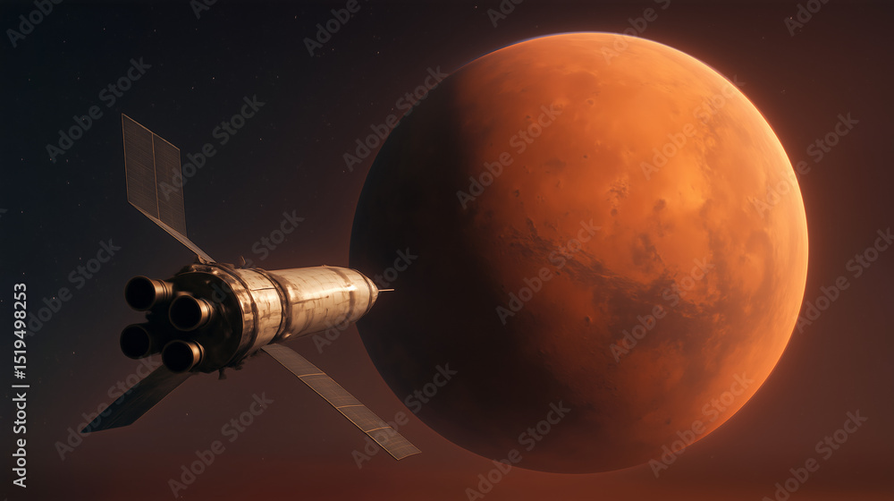 Poster a spacecraft is seen making its approach toward mars, showcasing the red planet's surface and atmosp