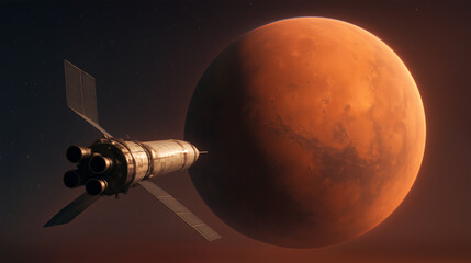 A spacecraft is seen making its approach toward Mars, showcasing the red planet's surface and atmosphere. This marks a significant step in human plans for Mars colonization