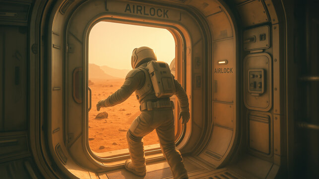 An astronaut steps through an airlock, preparing to explore the rugged and dusty landscape of Mars. This moment showcases the beginning of human colonization on another planet