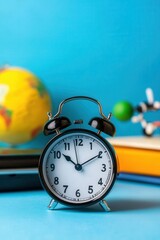 A black alarm clock with a white face sits on a blue surface