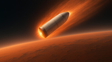 Spacecraft descends into the Martian atmosphere, igniting in fiery colors as it prepares for landing on the surface of Mars. This moment signifies a crucial step in human exploration of the planet
