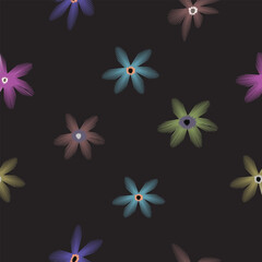 Seamless floral pattern with dark background vibrant flower accents, ideal for bold textile designs, fashion accessories, wallpapers and digital prints.