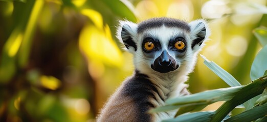Lemur with striking eyes perched among lush foliage in vibrant natural habitat
