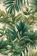 Fototapeta premium A dynamic composition of tropical green leaves brings bold energy to the design, with diverse shapes creating a vibrant, nature focused atmosphere.