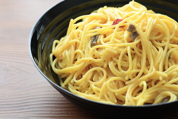 Creamy chicken mushroom spaghetti pasta in close-up