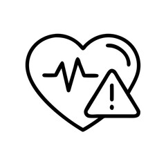 Heart symbol with alert icon shows health warning in black line design indicating medical concern