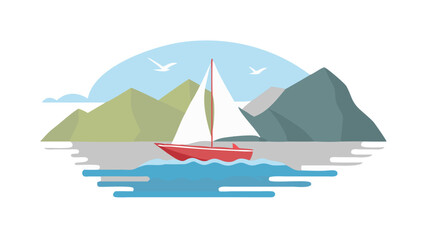 Sailboat navigating calm waters near mountains under a clear sky with birds soaring above