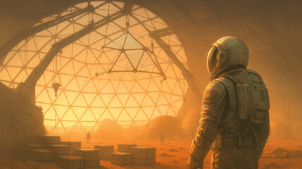 Astronaut stands inside a large geodesic dome habitat on Mars, observing cargo boxes and other settlers against a glowing sunset backdrop