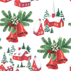 Christmas landscape, fir branch with red bells, mistletoe, church, house, tree, snow seamless pattern. Winter village holiday wallpaper.