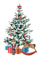 Nutcracker, rocking horse, presents, Christmas tree, candle, decoration print. Merry Christmas, New Year illustration.