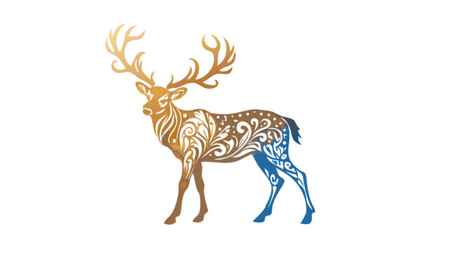 Stylized deer illustration featuring intricate patterns and a gradient color scheme in blue and gold tones