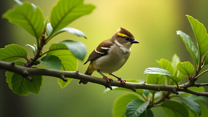 Fototapeta premium A beautiful and serene nature scene featuring a Goldcrest (Regulus regulus) — the smallest bird of Europe — perched on a lush green branch.
