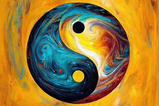 Yin yang symbol created with vibrant swirling colors representing balance and harmony. Ai Generative