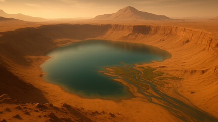 Water on Mars reconstruction. On the surface of Mars, a deep crater filled with vibrant blue water contrasts against the rusty red landscape.