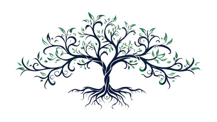Obraz premium Intricate tree design symbolizing growth and nature with detailed branches and leaves in shades of blue and green