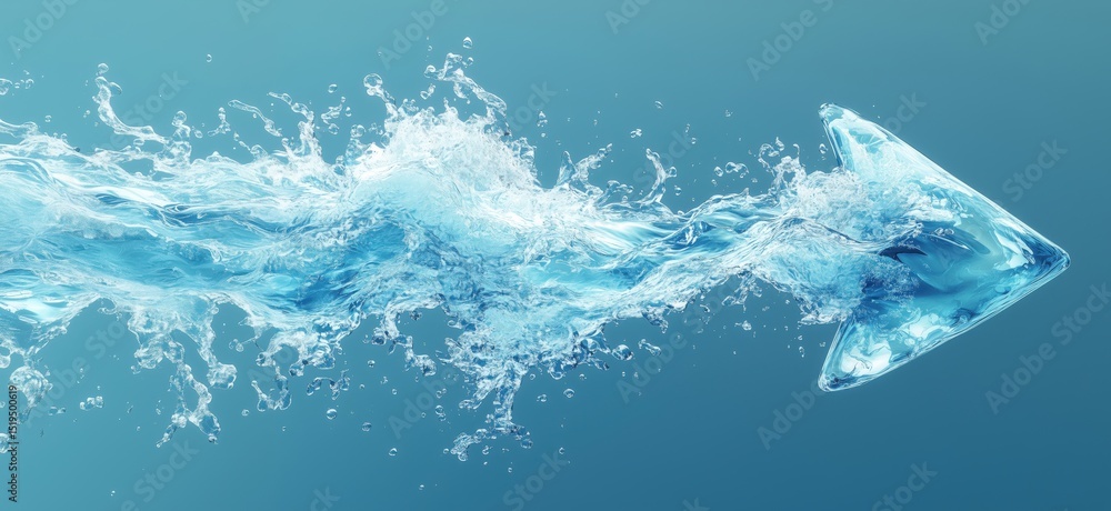 Poster dynamic water splash forming arrow shape symbolizing direction and movement