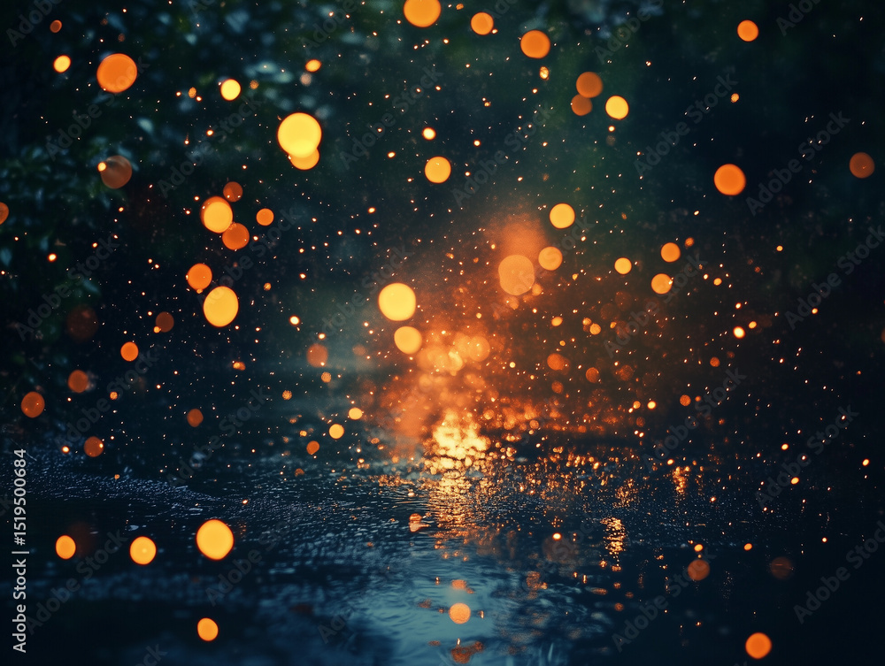 Poster glowing bokeh lights reflecting on wet ground creating a dreamy scene