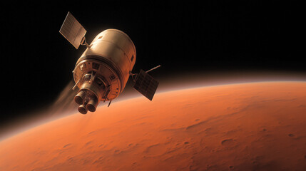 An advanced spacecraft hovers above the surface of Mars, demonstrating the progress of human technology aimed at colonizing the red planet. The mission showcases ambitions for future exploration