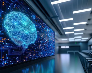 A computer monitor displays a brain with many wires and circuits