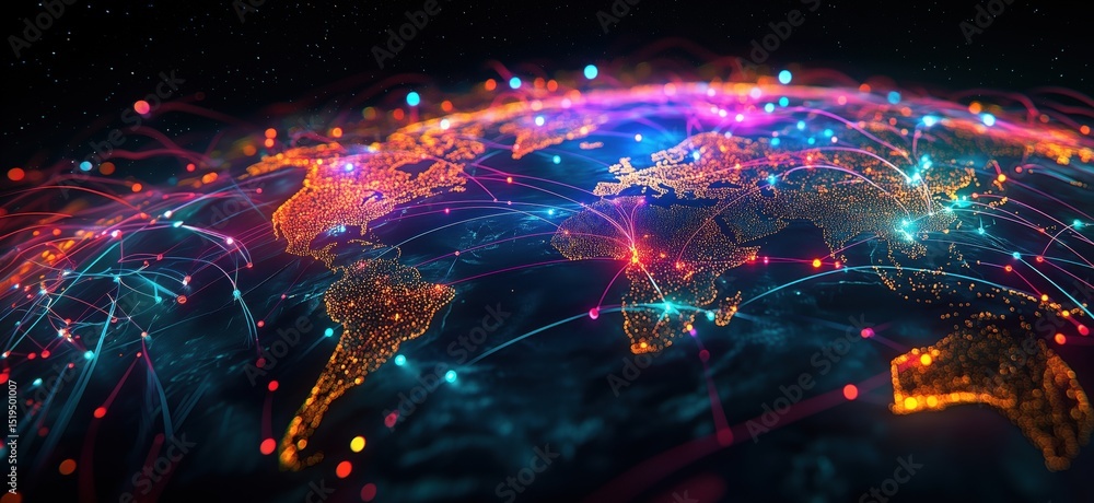 Poster global network connectivity visualization with colorful data streams and geographic features