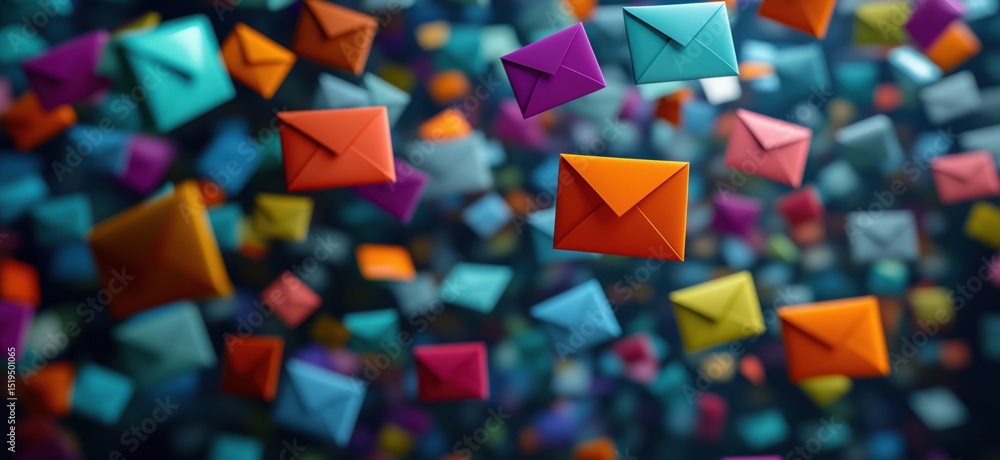 Poster colorful floating envelopes representing digital communication and messaging