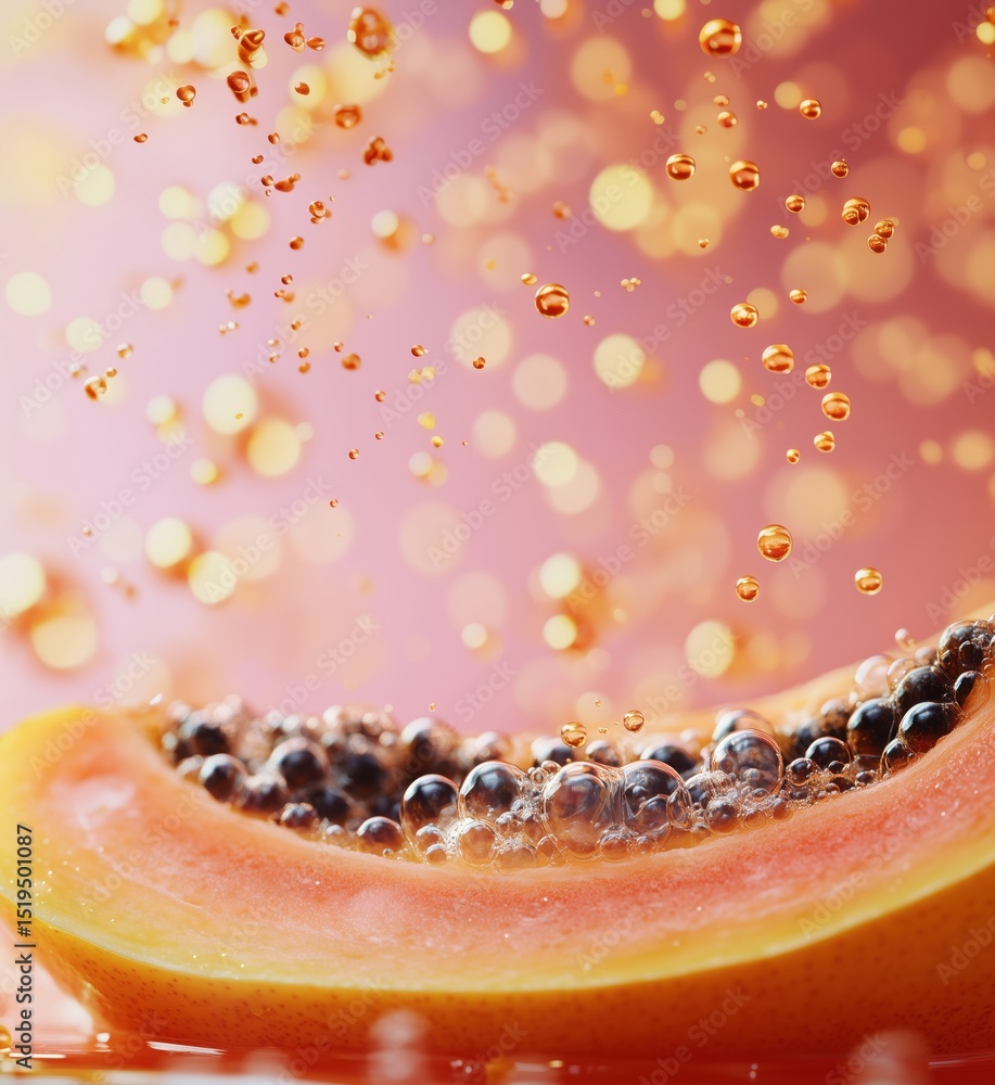 Poster fresh papaya slice with bubbles and vibrant background creating a refreshing atmosphere