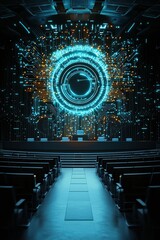 A futuristic scene with a large blue circle in the center