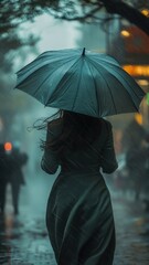 Woman walking in city street under umbrella during rain, wind blowing her hair, moody atmosphere and blurred lights