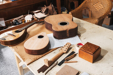 A workshop where classical guitars are made by hand. Close-up