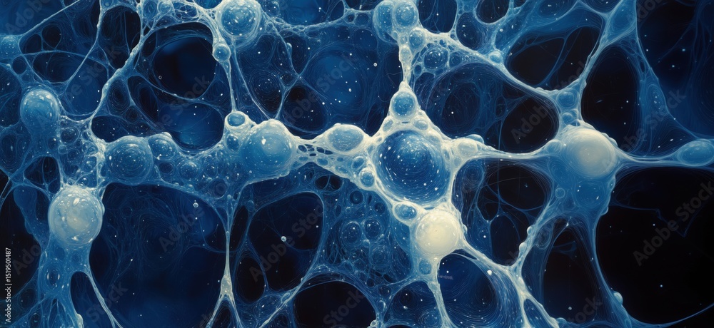 Poster abstract representation of interconnected cells and neural networks in blue tones