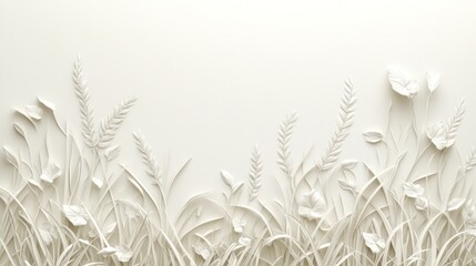 An embossed, minimalist design featuring a field of white flowers and grasses against a clean white background