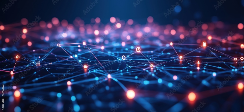 Poster abstract digital network connections with glowing nodes and lines in blue and red tones