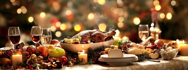 A table is set with a large turkey, a variety of fruits