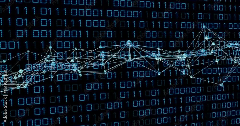 Poster binary grid appearing and initiating network shifting, pulsing and undulating visualizing data flow