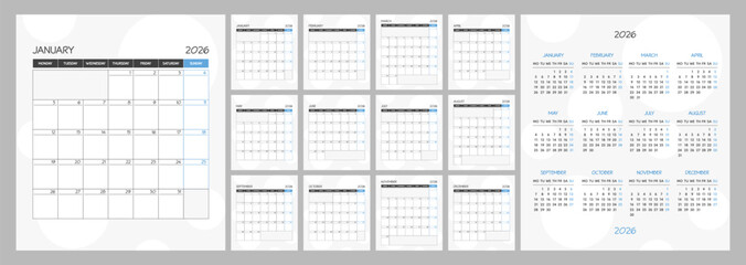 Monthly calendar blue square planner schedule for 2026 year. Week Starts on Monday