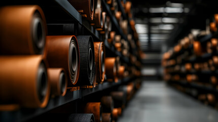 Fototapeta premium Industrial Warehouse Storage Of Brown Leather Rolls