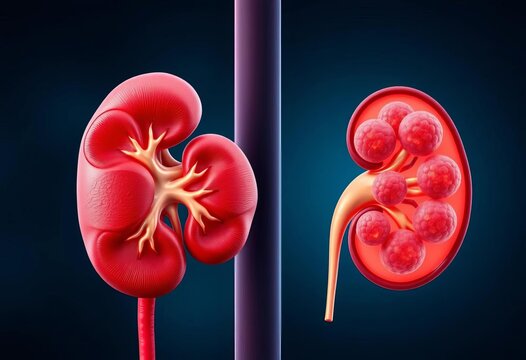 Comparative illustration of healthy kidney and kidney with cysts,  diagram,  comparison