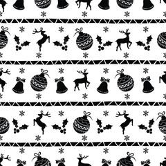 Vector decorative Christmas and new year Seamless Pattern. Christmas ornamental silhouette balls, deers, snowflakes, holly berries and bells texture background holiday greeting card backdrop template.