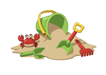 Adorable Cartoon Crab Playing on Sandy Beach with Colorful Sand Toys Bucket, Shovel, Rake, Summer Fun, Beach Day Illustration