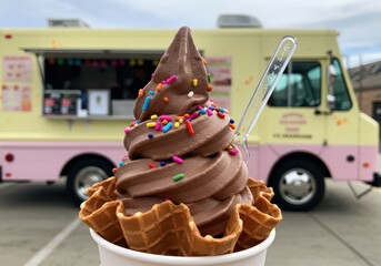 Chocolate soft serve ice cream topped with colorful sprinkles in a waffle cone with a food truck serving ice cream in the background