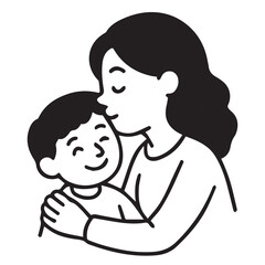 A black and white vector image shows a mother kissing her little son lovingly, outlined clearly in bold black lines.