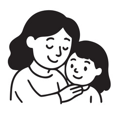 Monochrome vector artwork showing a tender moment between mother and young daughter, drawn with expressive black outlines on a white canvas.