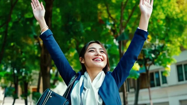 Happy young adult Asian woman waving with arms raised outdoors in city park.