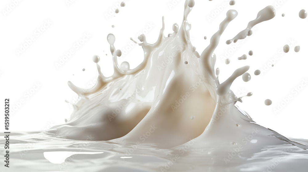 Poster dynamic splash of milk on a black background showcasing fluid motion and texture.