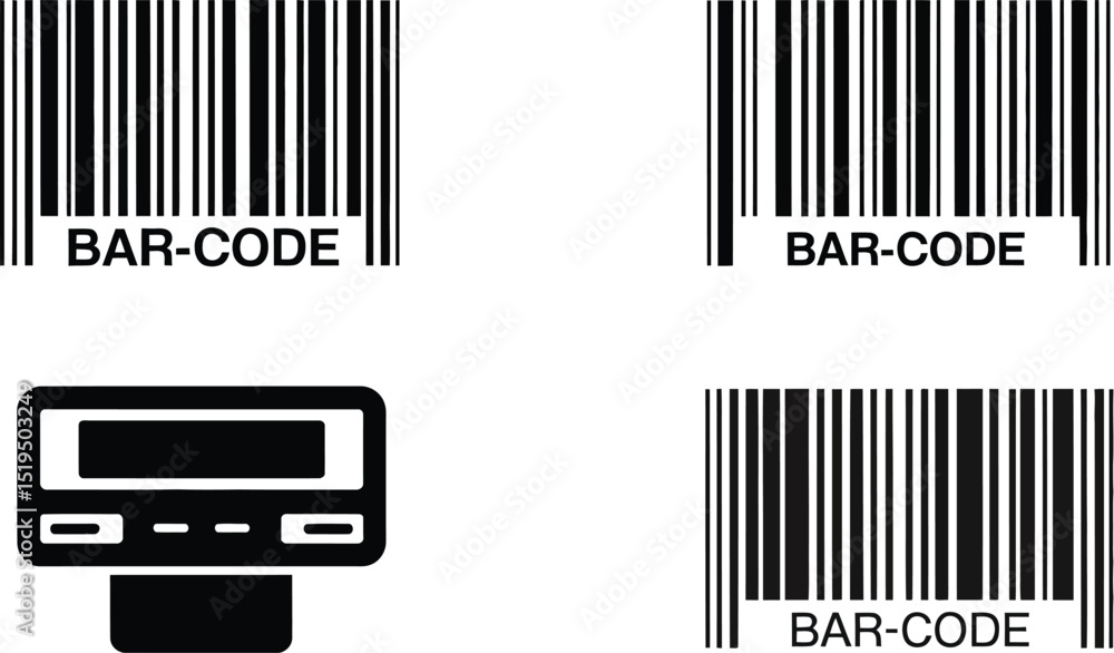 Poster three barcodes with the word bar code and a payment terminal in black and white on a white backgroun
