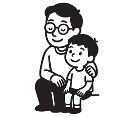 A black and white vector shows a father sitting lovingly beside his young son, both outlined with bold, clean black lines.


