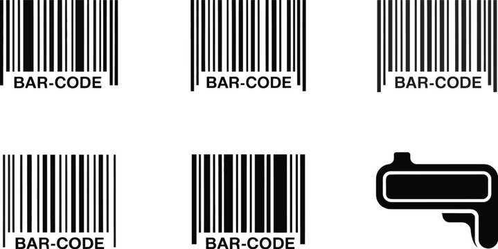 A collection of barcode icons and a barcode scanner icon arranged on a white and gray background