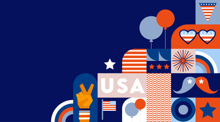 USA Independence Day background. 4th of July design with American flag, icons and symbols. Colorful Abstract Geometric Background. Modern colorful concept design. holiday banner, poster, greeting card © jennylipmic